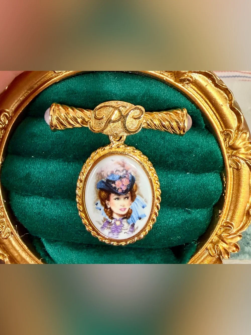 Avon Gold-Tone Portrait Cameo Brooch with Blue and Pink Accents